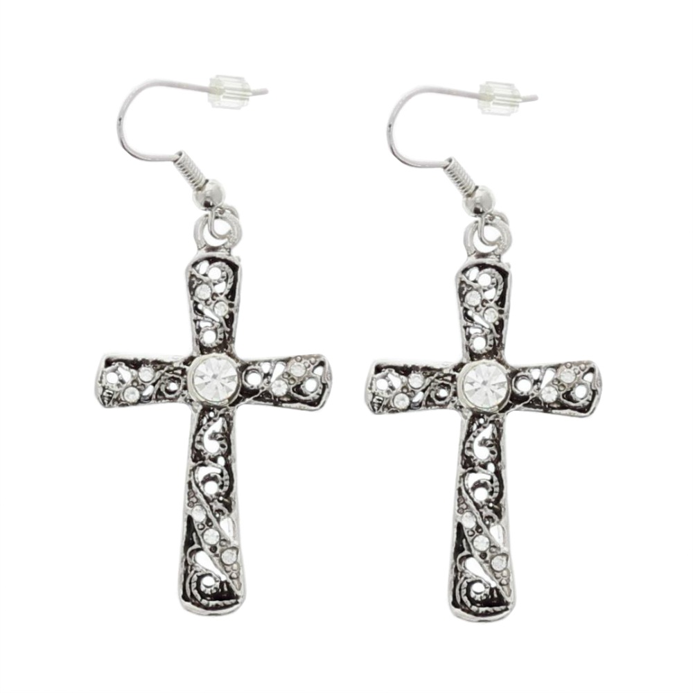 Zac's Alter Ego - Clear Stone Cross Earrings - Silver coloured/Transparent